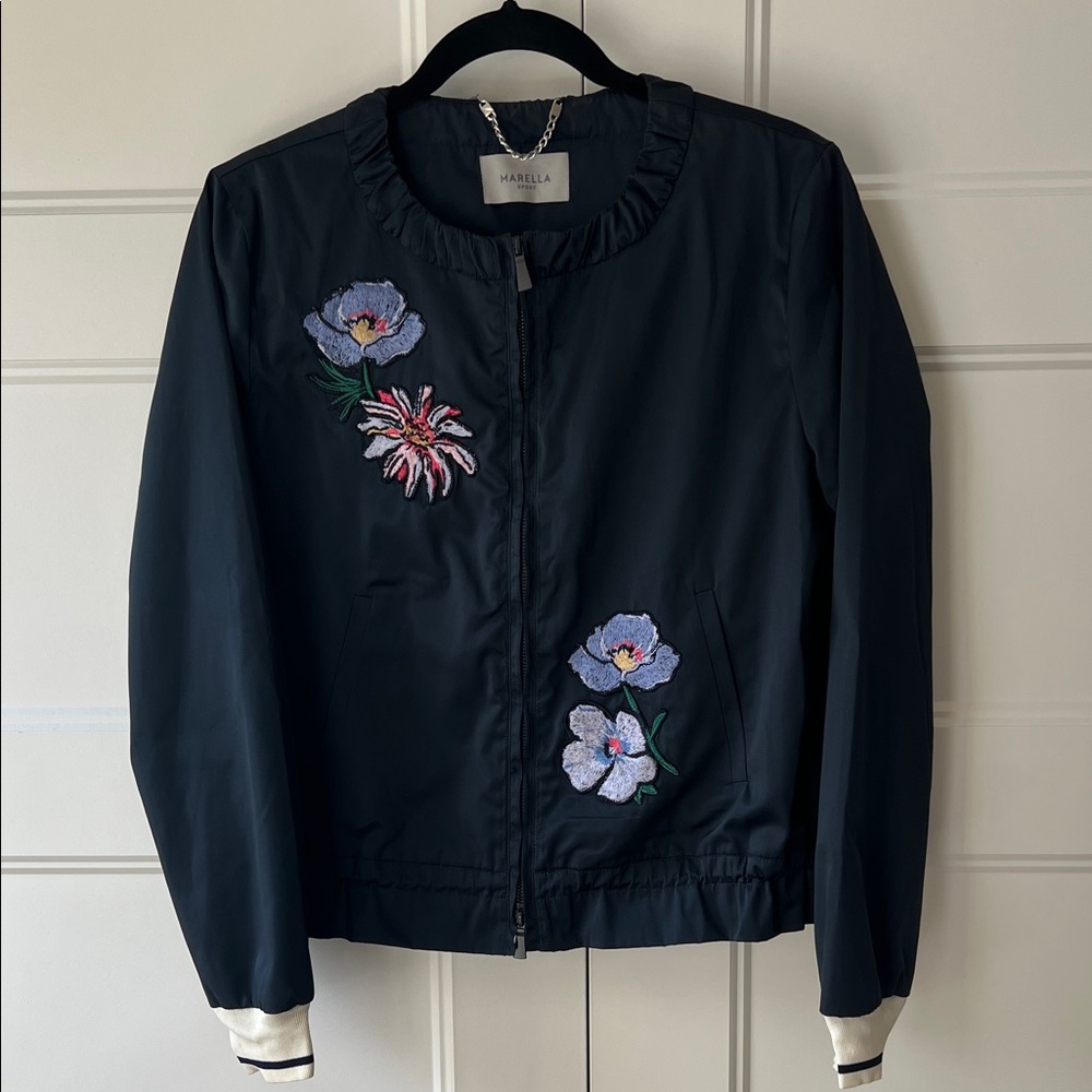 MARELLA by Max Mara Dark Blue Bomber Jacket with Floral Embroidery - Picture 2 of 6